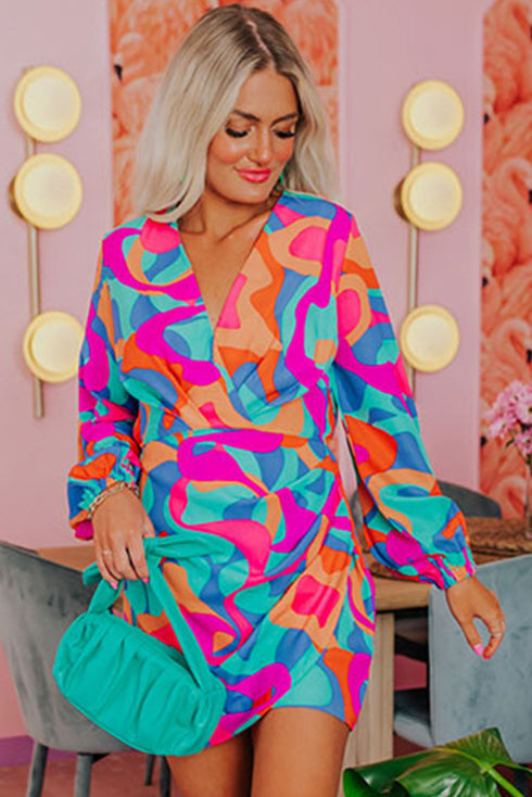 Multi-Color Abstract Print Wrap V Neck Puff Sleeve Dress